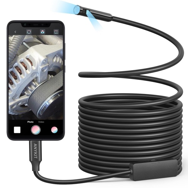 Dual Lens Endoscope Camera with Light, Anykit 2 in 1 USB Borescope with 16.5ft Semi-Rigid Snake Cable