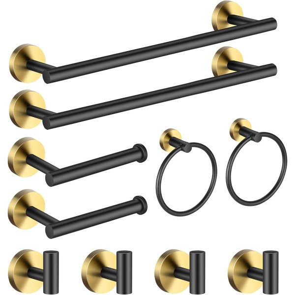 Bathroom Hardware Set Black and Gold, Bathroom Towel Hanger Set 10PCS Stainless Steel Towel Bar Set