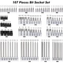 107 Pieces Bit Socket Set, 1/4", 3/8" and 1/2" Drive, Torx/Extra Long Torx/Tamper Proof Torx/Hex/Ball End Hex, SAE/Metric, S2 Steel Bits