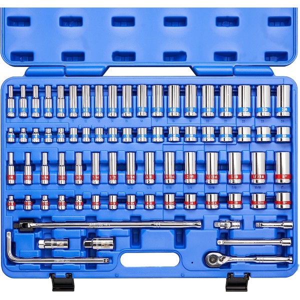 02472A 3/8-Inch-Drive Colored Mechanics Tool Ratchet, Socket Set, 76-Piece Standard and Deep SAE Sizes 1/4" to 1" Metric Sizes 6 mm to 24 mm Made with CrV Steel for Auto Repair