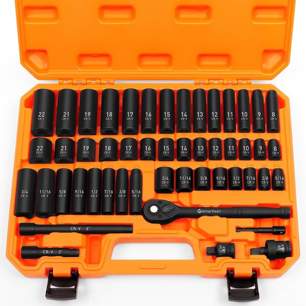 3/8" Drive Impact Socket Set, 6 Point, 50-Piece Standard Metric (8-22mm) and SAE (5/16-Inch to 3/4-Inch) Cr-V Steel Sockets with Adapters & Ratchet Handle