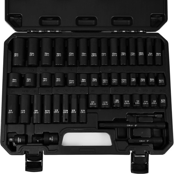 49 PC 3/8-inch Drive Impact Socket Set, 6 Point, SAE (5/16"-3/4") & Metric (8mm-22mm), Deep&Standard, Extension Bars, Drill Adaptor, Universal Joint, 1/2" F to 3/8" M Reducer