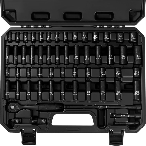 56 Pcs 1/4" Drive Socket Set, SAE (5/32"-9/16") & Metric (4mm-15mm), Deep & Shallow, 72-Tooth Ratchet Wrench, Extension Bars, 3/8" F to 1/4" M Reducer, Universal Joint & Power Drill Adapter