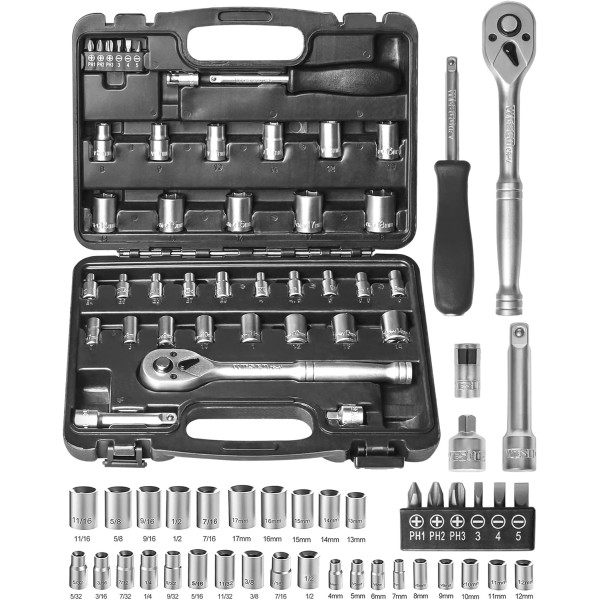 40 Pieces Socket Wrench Set, 1/4 and 3/8 Drive, Chrome Vanadium Steel, Includes Most Used Sockets for Auto Repairs and Home Mechanics