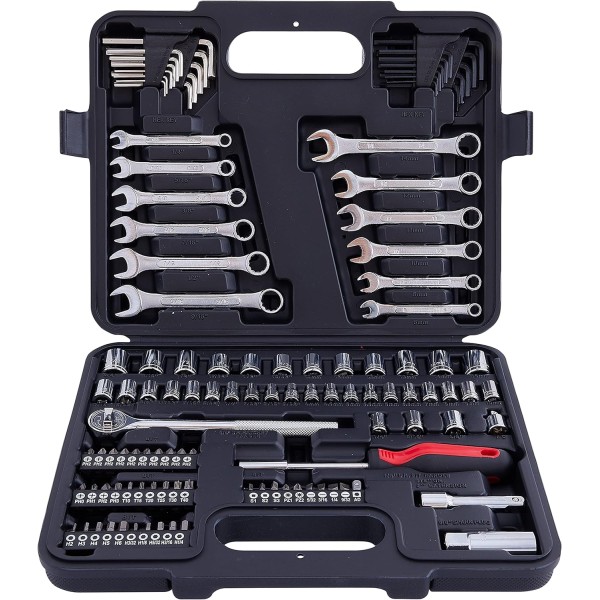 Mechanic Tool Socket Set 3/8 and 1/4 inch Drive SAE & Metric Size, 121 Piece with Tool Box Storage Case for for Home, Garage, Car Trunk, Automotive, Mechanic and Bike Projects