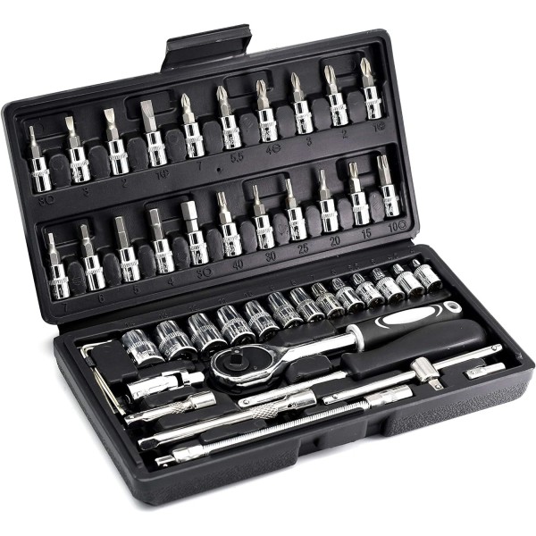 46PCS 1/4 inch Drive Socket Set,Metric Ratchet Wrench Set with 4-14mm CR-V Sockets,S2 Bits,Extension Bars,Mechanic Tool Kits for Household Auto Repair