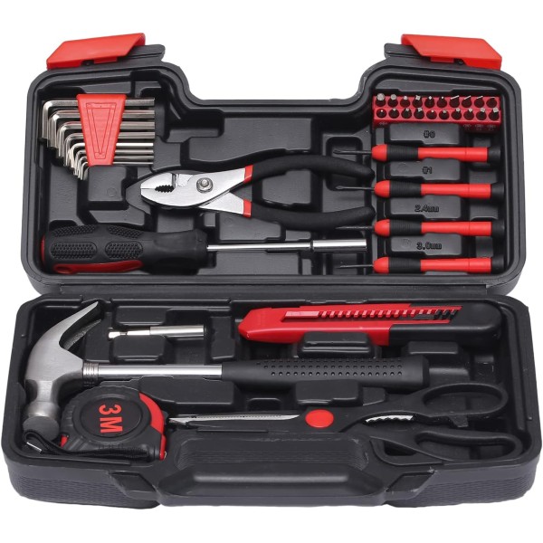 39-Piece Household Tools Kit - Small Basic Home Tool Set with Plastic Toolbox - Great for College Students, Household Use & More